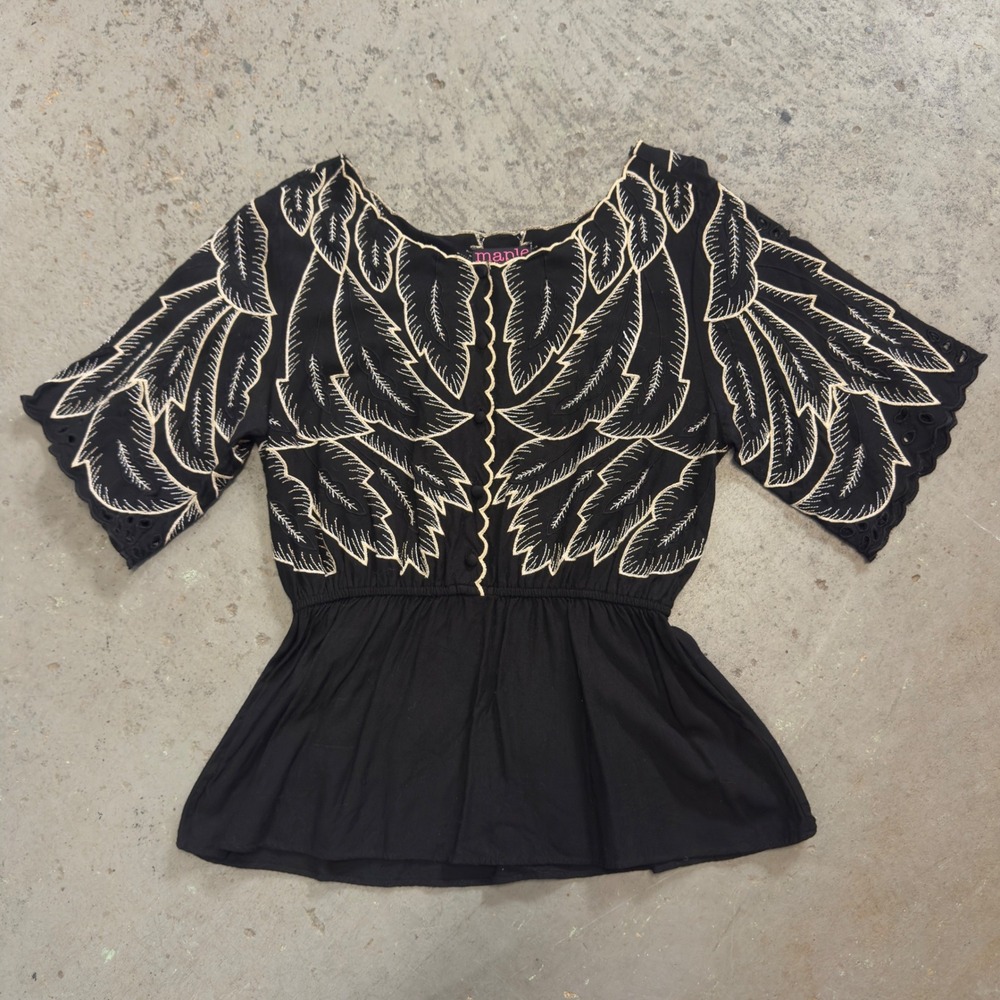 Maple by Some Odd Rubies Black Embroidered Eyelet Peplum Top Size 10 Boho Leaf